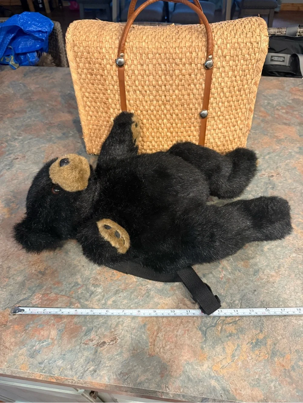 Vintage Plush Black Teddy Bear Plush Backpack with Tan Accents